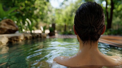 Fototapeta premium Therapeutic ice bath experience featuring woman's back view in serene outdoor pool setting with natural stone elements and garden ambiance