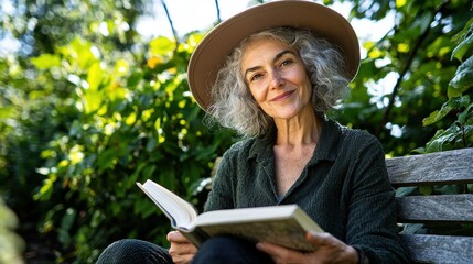 Reading pleasure scene with elegant woman displaying silver hair, brown hat, dark cardigan, garden bench, literature, contentment, dappled sunlight through foliage