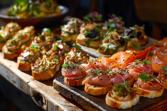 Catering service presenting delicious canapes with smoked salmon, tuna, figs and grilled chicken on wooden table
