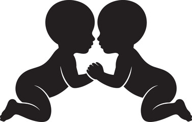 Silhouette of Two Babies Facing Each Other Holding Hands in Black and White Vector Art