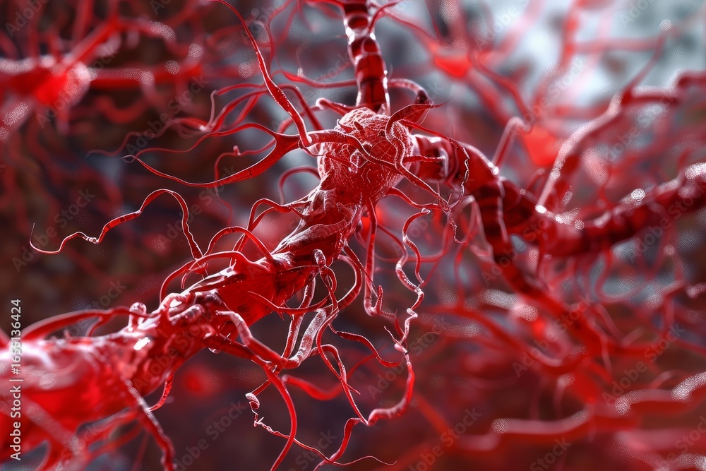 Poster microscopic view of neuron connecting and transmitting signals through neural network, representing 