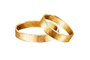 Watercolor hand drawn dark gold wedding rings. Watercolor celebrating clipart. Wedding rings isolated on white background.
