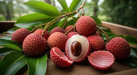 Fresh lychees on wooden tray, some sliced open, with green leaves