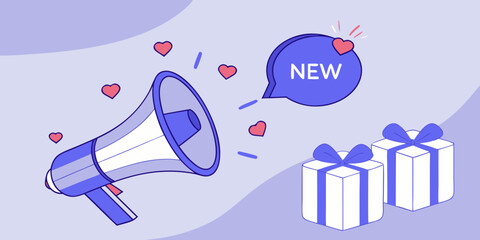 megaphone announcement with new label hearts and gift boxes illustration purple background