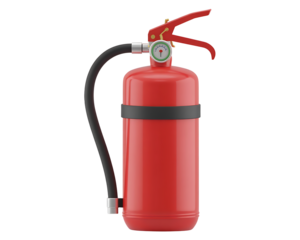 Red fire extinguisher with black hose and handle against a black background