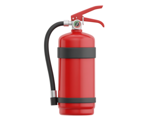 Red fire extinguisher with black hose and handle on a black background
