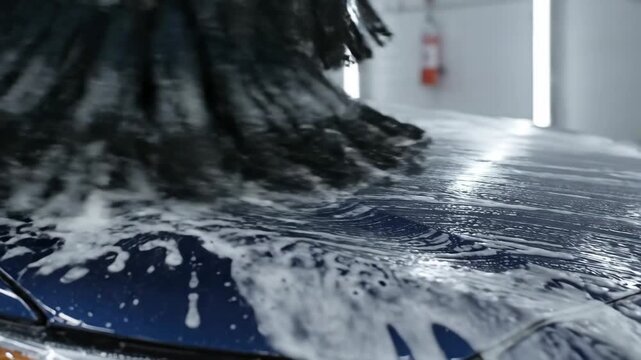 Close-Up of Car Wash in Action - A dark blue car's hood is being cleaned with a large, soft brush in an automated car wash. Thick, white soap suds cover the vehicle's surface.