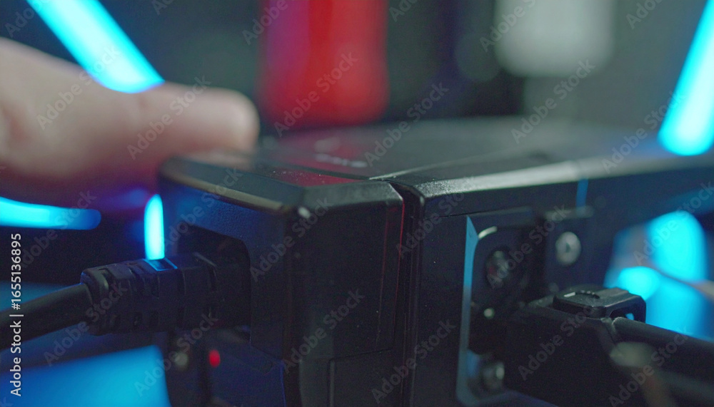 Poster technology interface and connection: a person's hand presses a button on a sophisticated device, a c