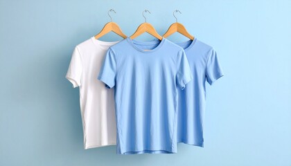 Three colorful T-shirts—navy blue, bright blue, and yellow—hanging on wooden hangers against a blue wall.