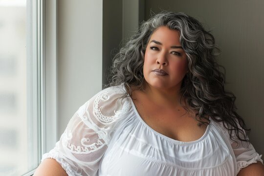 Confident plus size hispanic woman with beautiful gray hair posing by a window, wearing a white blouse - Powered by Adobe