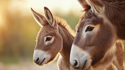 Tender moment: mother and baby donkey in warm sunlight. Mother's Day, Mothering Sunday, Dia de la Madre - Global Maternal Celebration, Worldwide Family Holiday - Powered by Adobe