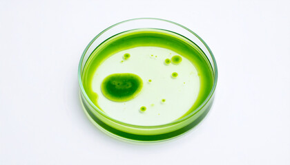 Glass petri dish with growing green algae colony. Microbiology and environmental research.
