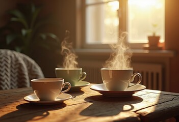 Obraz premium steam rising mismatched coffee cups cozy morning scene comfort beverage warmth serenity, aroma, home, table, interior, drinks, latte, espresso, design