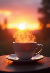 Obraz premium steaming coffee cup vibrant sunrise background morning inviting warmth fresh beginnings, light, beverage, aroma, comfort, brewing, mug, scenery, serenity