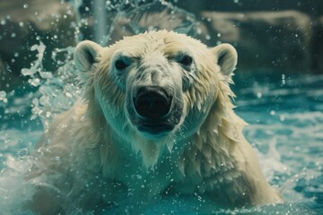 Majestic polar bear emerging from turquoise water, creating a splash with water droplets around its head