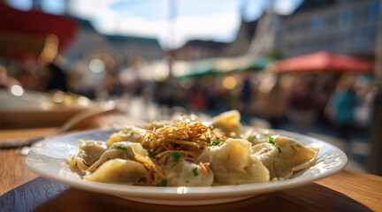Maultaschen Dumplings Served With Fried Onions At Stuttgart Market Square