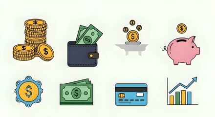 Financial icons representing money, savings, investments, and credit cards for business, finance, and economic growth