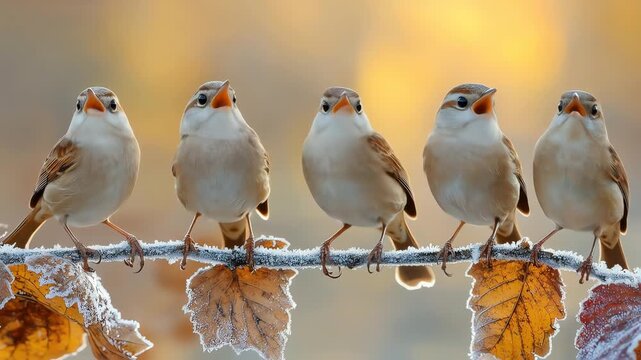 Five Rufousbacked Tailorbirds perch on a frosty branch singing with open beaks