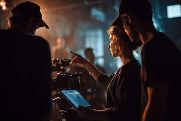 Young woman directing film crew on set, holding digital tablet while instructing two young men, professional filmmaking team collaborating during production