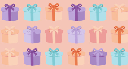 Gift boxes with ribbons in soft colors, flat vector seamless pattern on pale pink background