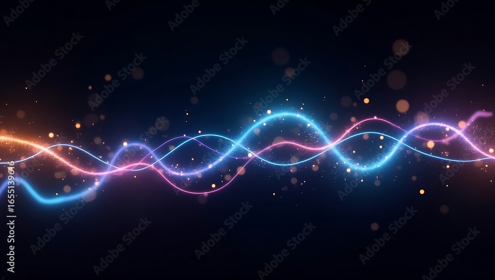 Poster abstract neon glowing waves with sparkling particles. futuristic intertwined light trails on a dark 