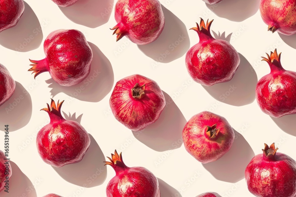 Poster ripe pomegranates arranged in a regular pattern on a white background, creating a vibrant and health
