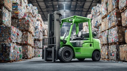 Green forklift in recycling warehouse