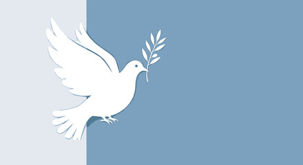 Obraz premium Dove silhouette with olive branch, minimal vector illustration in soft blue and white palette with copy space