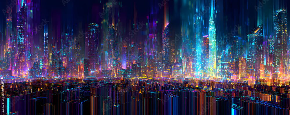 Poster futuristic digital cityscape with glowing data streams and abstract cyber elements