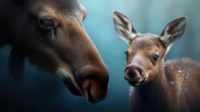 Tender moment between moose and calf in winter forest. Mother's Day, Mothering Sunday, Dia de la Madre - Global Maternal Celebration, Worldwide Family Holiday