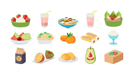 Assortment of colorful food items including fruits desserts and drinks displayed on white background