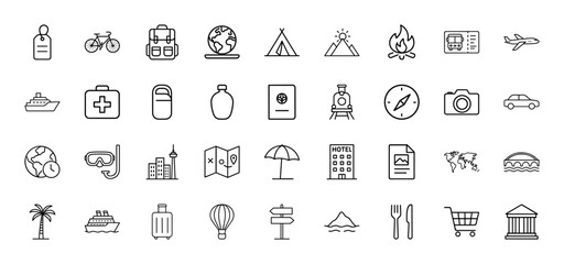 Travel and tourism line icon set. Vector pictograms of luggage, airplane, passport, map, hotel, and camera, thin linear illustration.