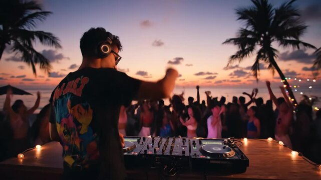 DJ at Sunset Beach Party - A DJ performs at an outdoor beach party as the sun sets, a large crowd of people dance and celebrate in the background. The warm sunset colors create a vibrant atmosphere.