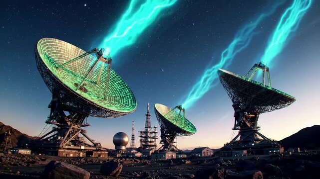 Radio telescope array with satellite dishes under aurora borealis night sky. Scientific observatory facility for space communication, astronomy research and cosmic signal detection technology.