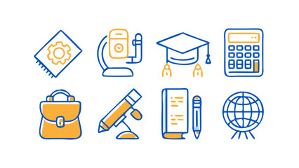Illustration showcasing academic tools and symbols in blue and yellow color scheme on white background