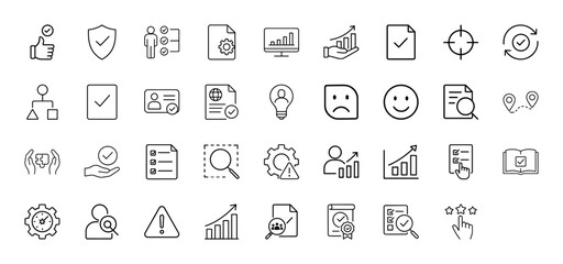 Business process and quality management line icon set. Vector pictograms of charts, documents, approvals, strategy, and user feedback, thin linear illustration.