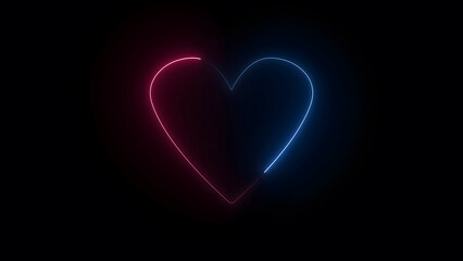 Vibrant neon heart icon glowing with striking red and blue light, symbolizing love, digital connection, and modern romance against a deep black background. © TANVIR