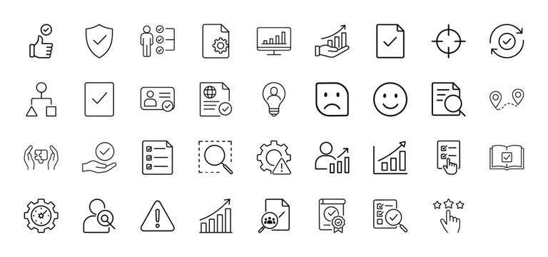 Business process and quality management line icon set. Vector pictograms of charts, documents, approvals, strategy, and user feedback, thin linear illustration.