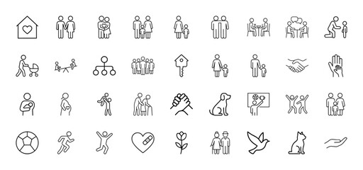 Fototapeta na wymiar Family and social line icon set. Vector pictograms of couples, children, groups, homes, pets, hearts, handshakes, elderly, activities, thin linear illustration.