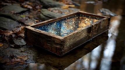 Glowing wooden Blue box on riverbank surreal fantasy concept