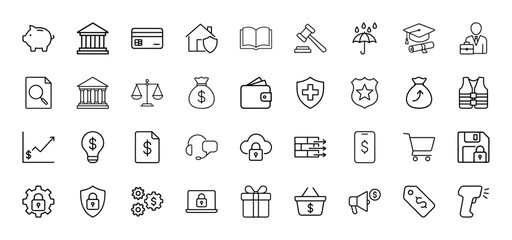 Universal business line icon set. Vector pictograms of piggy bank, credit card, scales, money bag, firewall, laptop, and shopping cart, thin linear illustration.