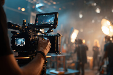 Professional video camera operator filming group of young and middle aged people working on film set, capturing behind scenes production process in studio environment