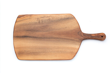 a wooden cutting board with a handle on a white surface