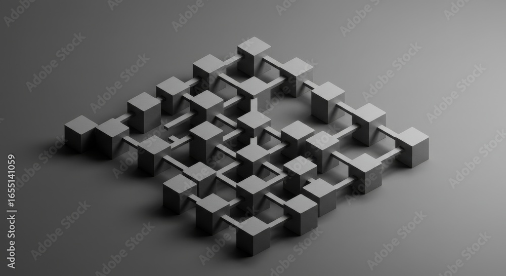 Poster abstract gray cubes interconnected network: modern 3d geometric design for tech