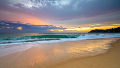 Obraz premium Ocean waves gently washing onto sandy beach at sunset, soothing colors and soundscape reflecting relaxation and mindful healing