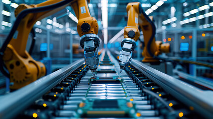 Industrial robots with precision and accuracy assembling circuit boards on a factory production line. This image represents modern automation, technology, and advanced manufacturing.