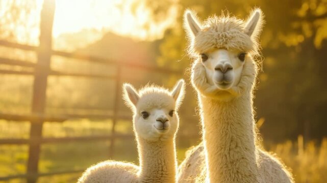Alpaca and cria in sunlit pasture with warm golden glow. Mother's Day, Mothering Sunday, Dia de la Madre - Global Maternal Celebration, Worldwide Family Holiday