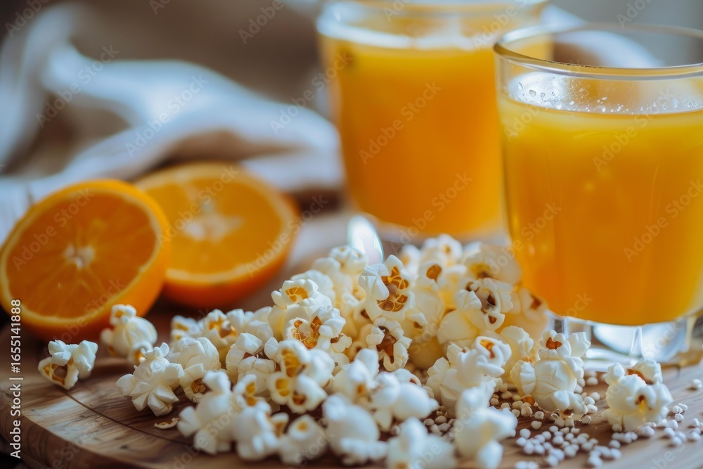 Poster freshly squeezed orange juice and crunchy popcorn create a delicious and refreshing snack combinatio