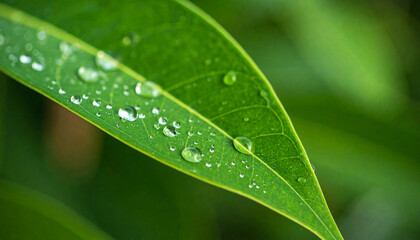 Raindrops on Lush Green Leaf: Close-up shot of a vibrant green leaf glistening with refreshing water droplets, embodying the purity and freshness of the natural world.