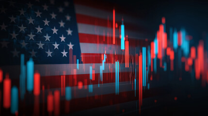 Dynamic financial market chart superimposed on American flag, symbolizing economic trends and national finance